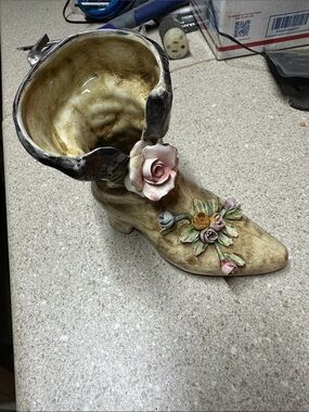 Cream Floral Heeled Boot Planter with Pink Rose Accent